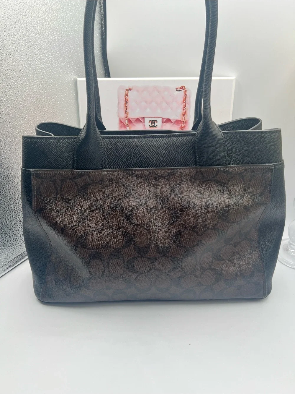 Coach Dark Brown & Black Signature Canvas Tote with Gold Hardware